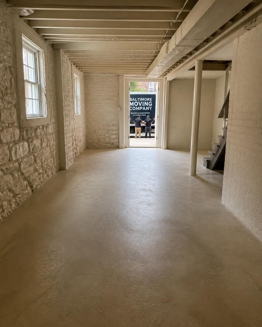 Emptied and swept Baltimore rowhouse basement after a property cleanout, with the crew's truck loaded outside